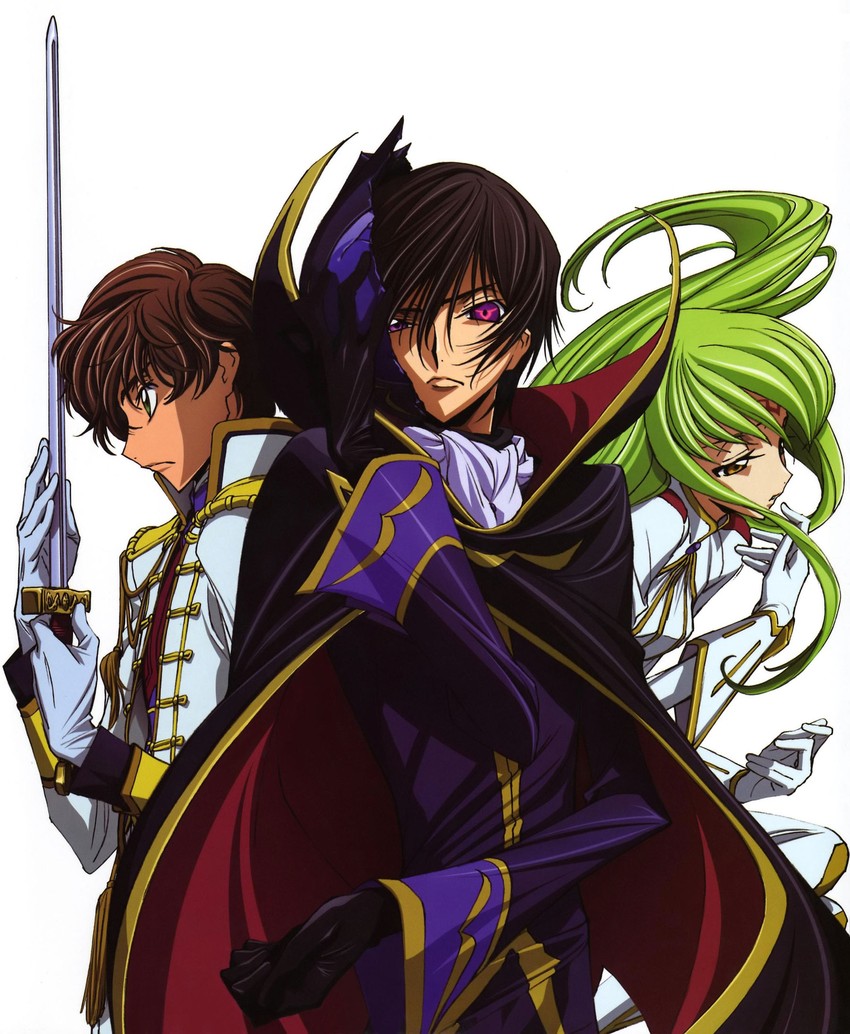 c.c., lelouch vi britannia, and kururugi suzaku (code geass) drawn by chiba_yuriko