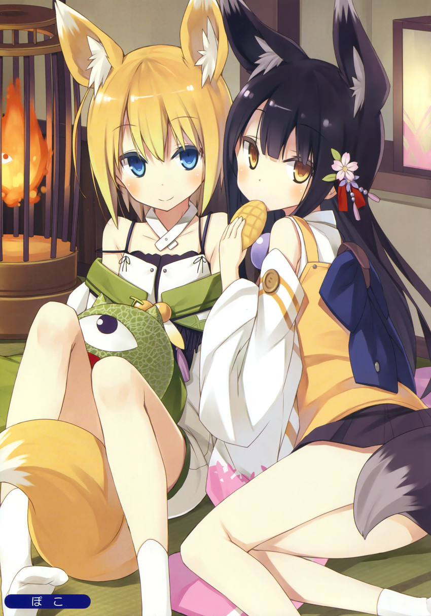 shiratama kitsune, kuroino, and kuromitsu nene (original) drawn by poco_(asahi_age)
