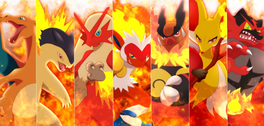 charizard, blaziken, typhlosion, incineroar, delphox, and 2 more (pokemon) drawn by maiko_(mimi)