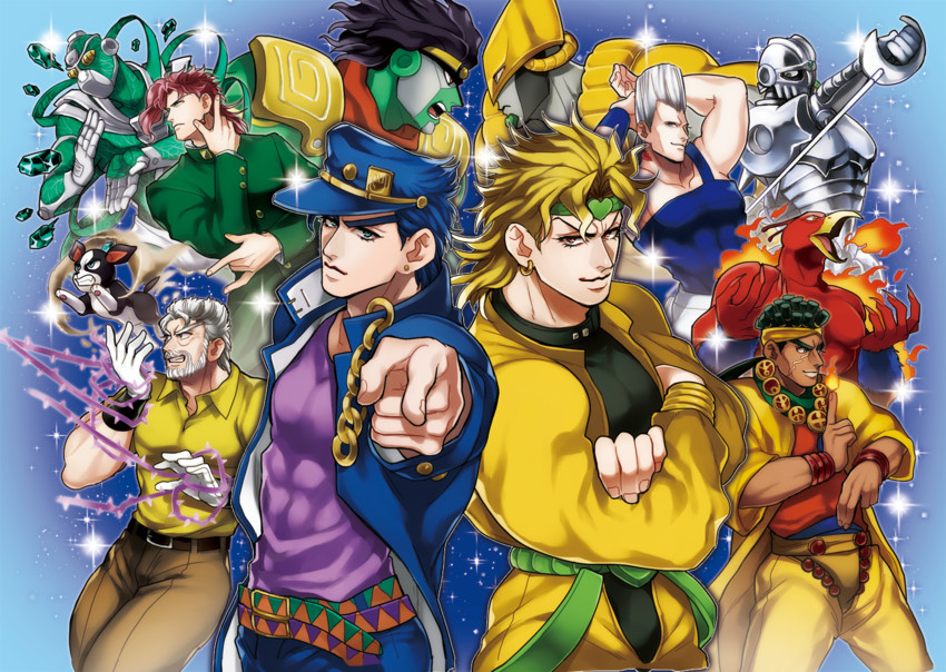 joseph joestar, kujo jotaro, dio brando, kakyoin noriaki, jean pierre polnareff, and 9 more (jojo no kimyou na bouken and 1 more) drawn by isamu