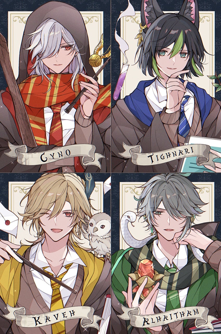 alhaitham, tighnari, kaveh, and cyno (genshin impact and 2 more) drawn by ekua_piyo