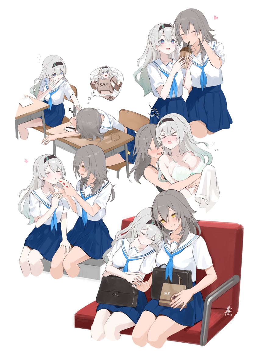 trailblazer, firefly, stelle, and cardboard box gundam (honkai and 1 more) drawn by kkix25