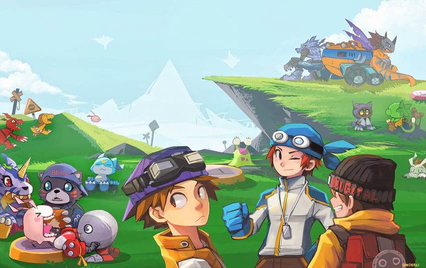 agumon, gabumon, gomamon, v-mon, guilmon, and 12 more (digimon and 3 more) drawn by sinobali