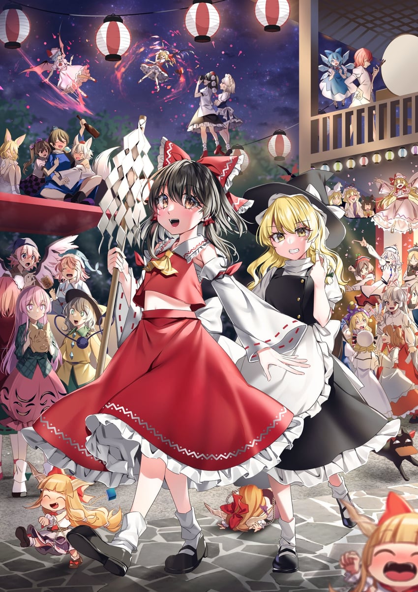 hakurei reimu, kirisame marisa, remilia scarlet, flandre scarlet, izayoi sakuya, and 27 more (touhou) drawn by kaede_(mmkeyy)