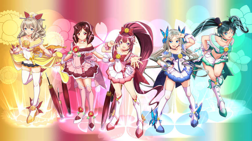 kamikaze, cure marine, cure sunshine, cure blossom, asakaze, and 3 more (kantai collection and 2 more) drawn by moke_ro