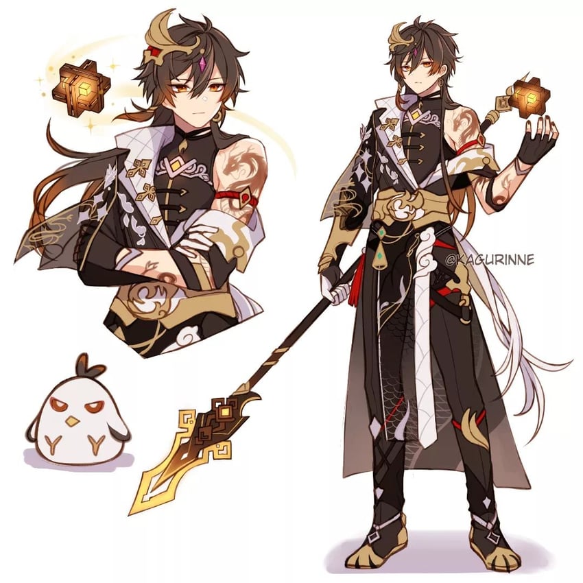 zhongli, herrscher of sentience, and jingwei (genshin impact and 3 more) drawn by kagurinne