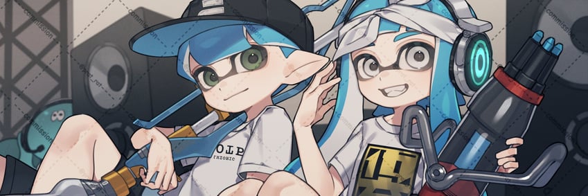 inkling player character, inkling girl, inkling boy, and jellyfish (splatoon) drawn by prat_rat