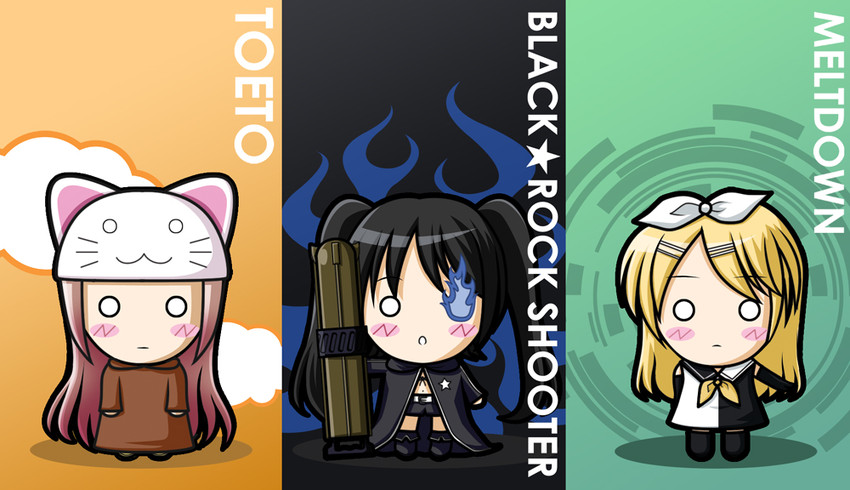 kagamine rin, megurine luka, and black rock shooter (vocaloid and 3 more) drawn by myco