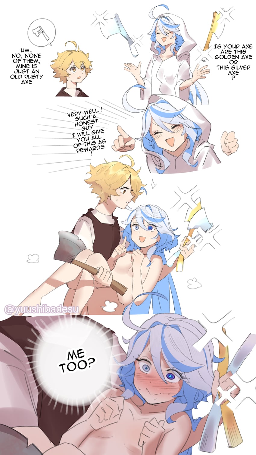 aether and furina (genshin impact and 1 more) drawn by yuushiba