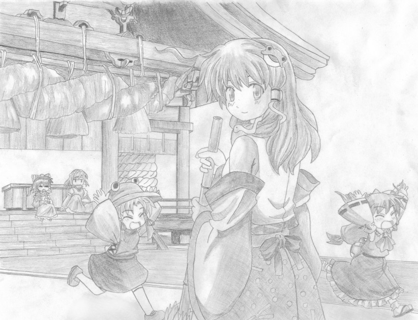 hakurei reimu, kochiya sanae, moriya suwako, ibuki suika, and yasaka kanako (touhou) drawn by haniwa_(leaf_garden) and kanban_kin