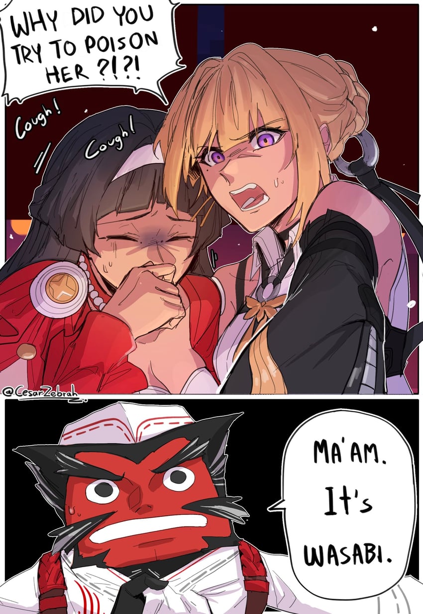 evelyn chevalier, astra yao, and general chop (zenless zone zero) drawn by cesar_zebrah