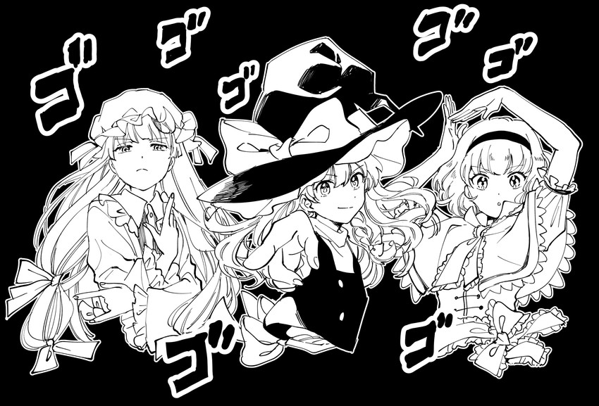 kirisame marisa, alice margatroid, and patchouli knowledge (touhou and 1 more) drawn by natsume_(menthol)