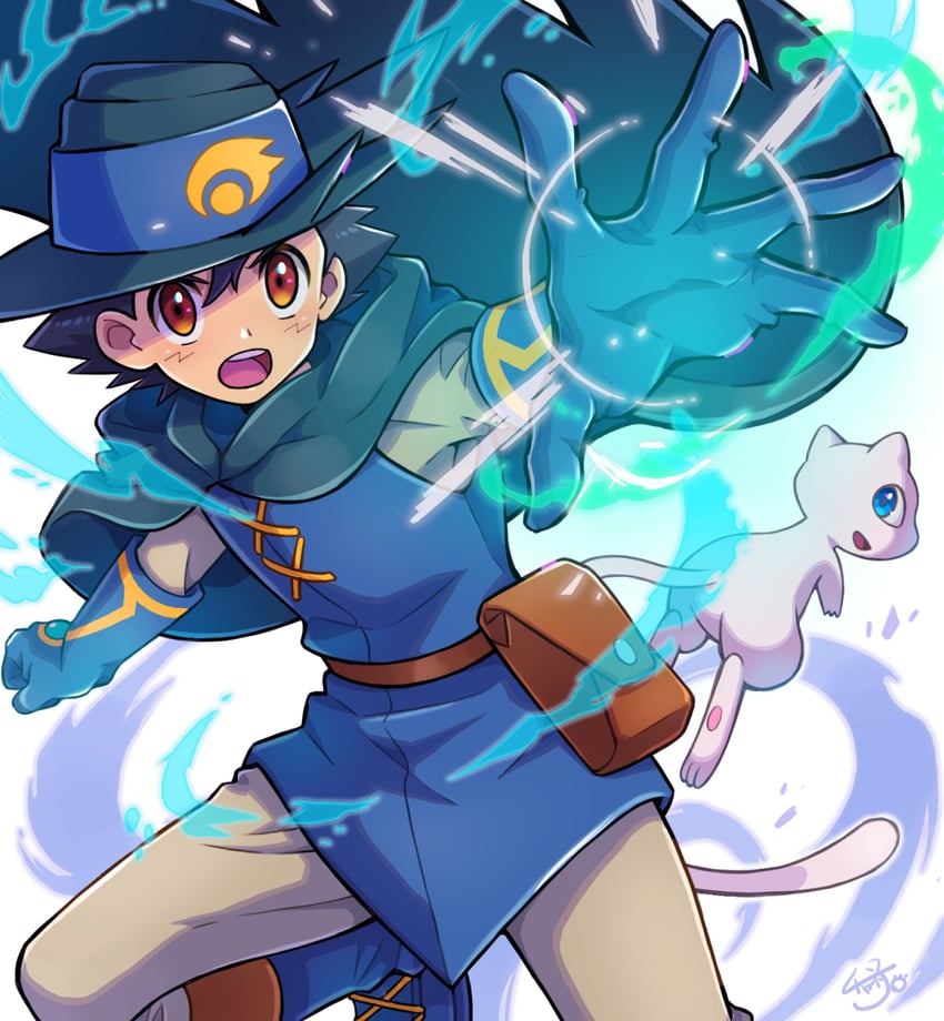 ash ketchum and mew (pokemon and 2 more) drawn by cyaneko