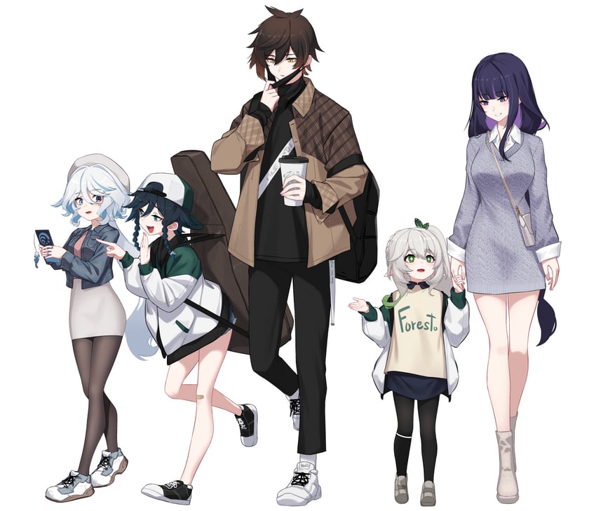 raiden shogun, furina, nahida, zhongli, and venti (genshin impact) drawn by dev_(dev0614)