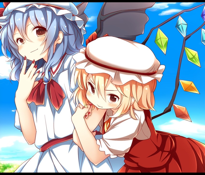 remilia scarlet and flandre scarlet (touhou) drawn by beni_shake and yotsuba_(guriko-gen)