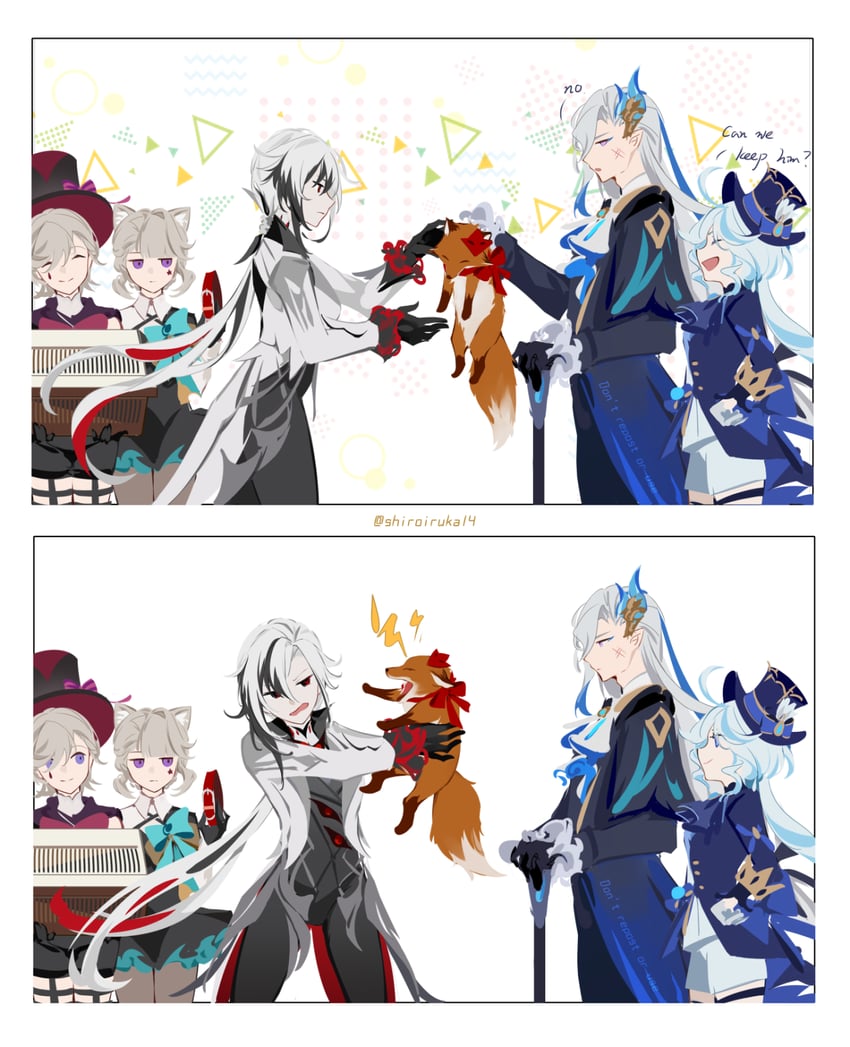 furina, tartaglia, arlecchino, neuvillette, lynette, and 1 more (genshin impact) drawn by somnia