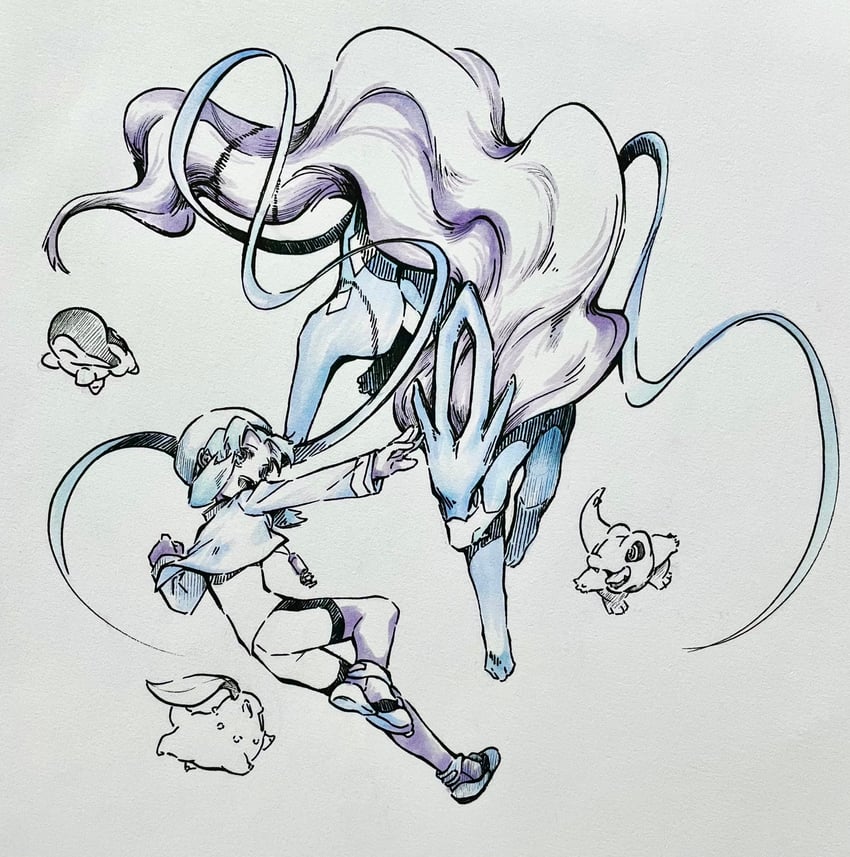kris, cyndaquil, chikorita, totodile, and suicune (pokemon and 1 more) drawn by tan_carbonnn
