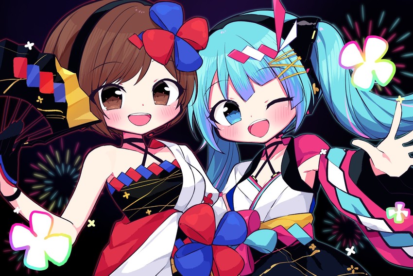 hatsune miku, meiko, magical mirai miku, and magical mirai meiko (vocaloid and 1 more) drawn by kasaki_sakura