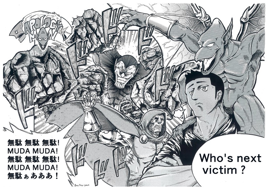 hakumen, doctor doom, red arremer, merkava, super-skrull, and 1 more (jojo no kimyou na bouken and 8 more) drawn by bro.you-yan