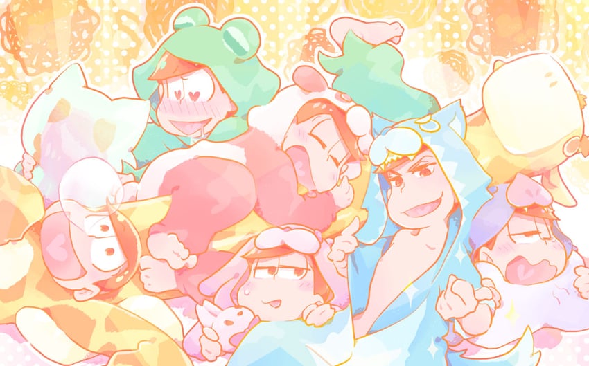 matsuno osomatsu, matsuno karamatsu, matsuno ichimatsu, matsuno jyushimatsu, matsuno choromatsu, and 2 more (osomatsu and 1 more) drawn by u_u_ki_u_u