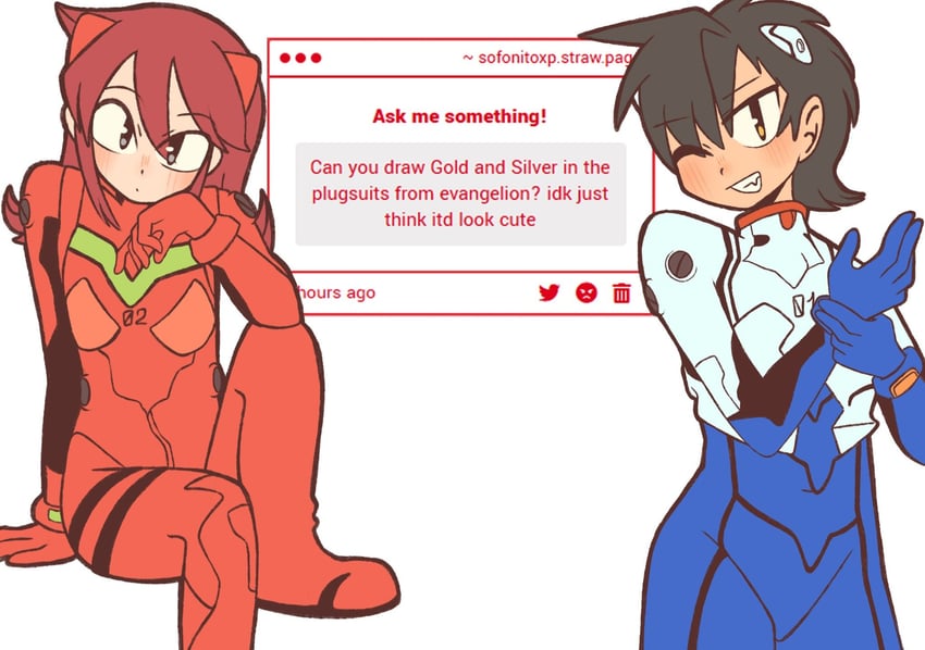 souryuu asuka langley, ikari shinji, ethan, and silver (pokemon and 3 more) drawn by sofo_soup