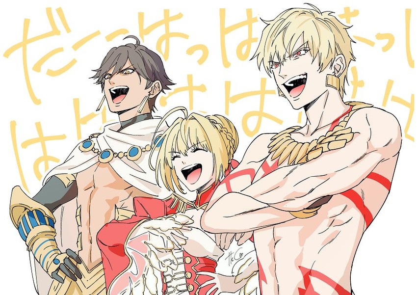 nero claudius, gilgamesh, and ozymandias (fate and 1 more) drawn by takashi_(huzakenna)