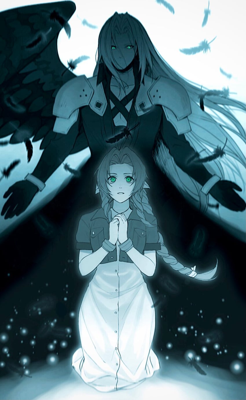 aerith gainsborough and sephiroth (final fantasy and 1 more) drawn by 0_ebj