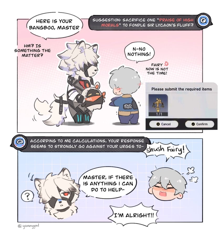 wise, eous, von lycaon, and fairy (honkai and 3 more) drawn by yammyyml