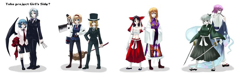 hakurei reimu, kirisame marisa, remilia scarlet, izayoi sakuya, konpaku youmu, and 4 more (touhou and 1 more) drawn by tadano_kagekichi