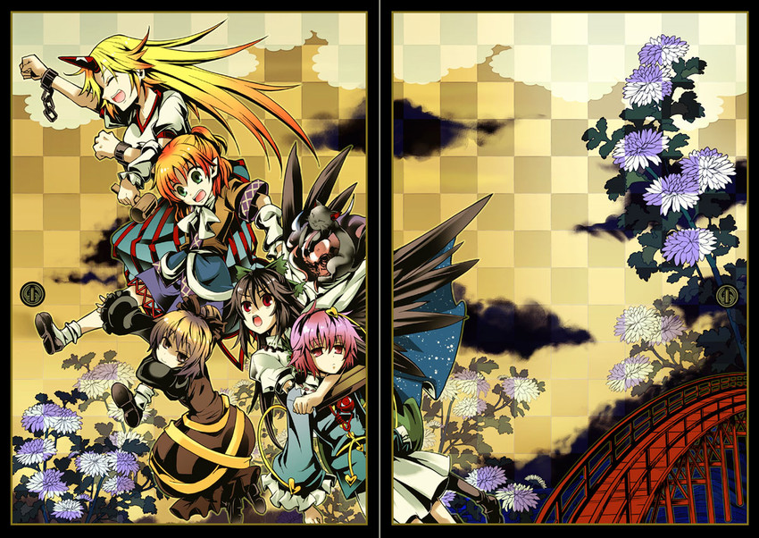 komeiji satori, kaenbyou rin, reiuji utsuho, mizuhashi parsee, hoshiguma yuugi, and 1 more (touhou and 1 more) drawn by takitarou