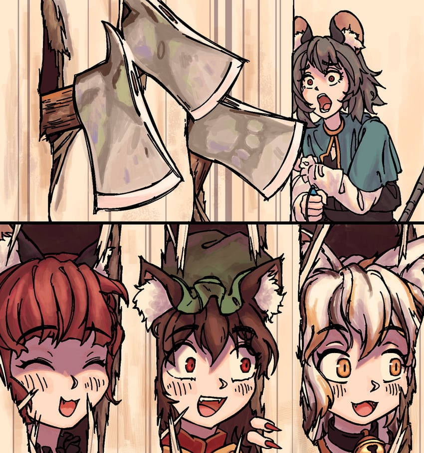 kaenbyou rin, chen, nazrin, and goutokuji mike (touhou and 1 more) drawn by stirfriedspam