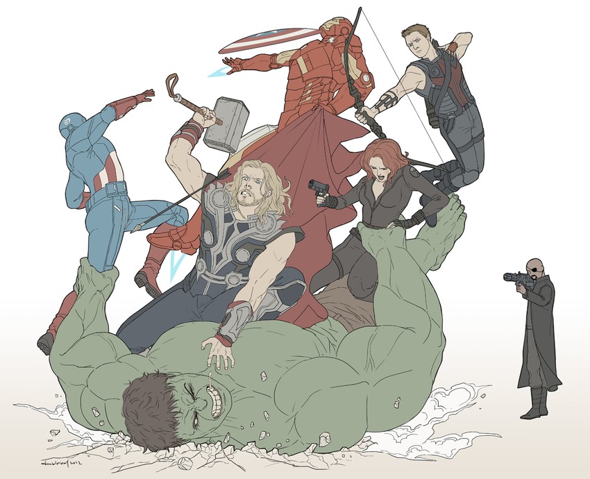 captain america, iron man, thor, black widow, hulk, and 2 more (marvel and 2 more) drawn by gb_(doubleleaf)