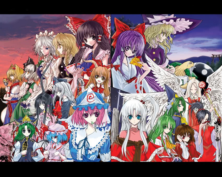 hakurei reimu, kirisame marisa, remilia scarlet, izayoi sakuya, konpaku youmu, and 14 more (touhou and 1 more) drawn by kagami_(artist)
