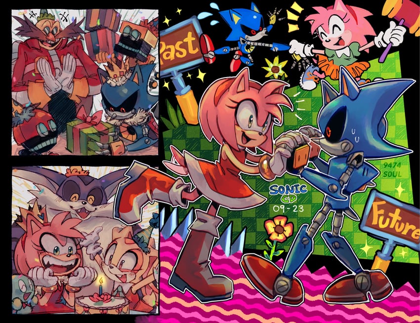 sonic the hedgehog, amy rose, cream the rabbit, dr. eggman, metal sonic, and 6 more (sonic and 2 more) drawn by 9474s0ul