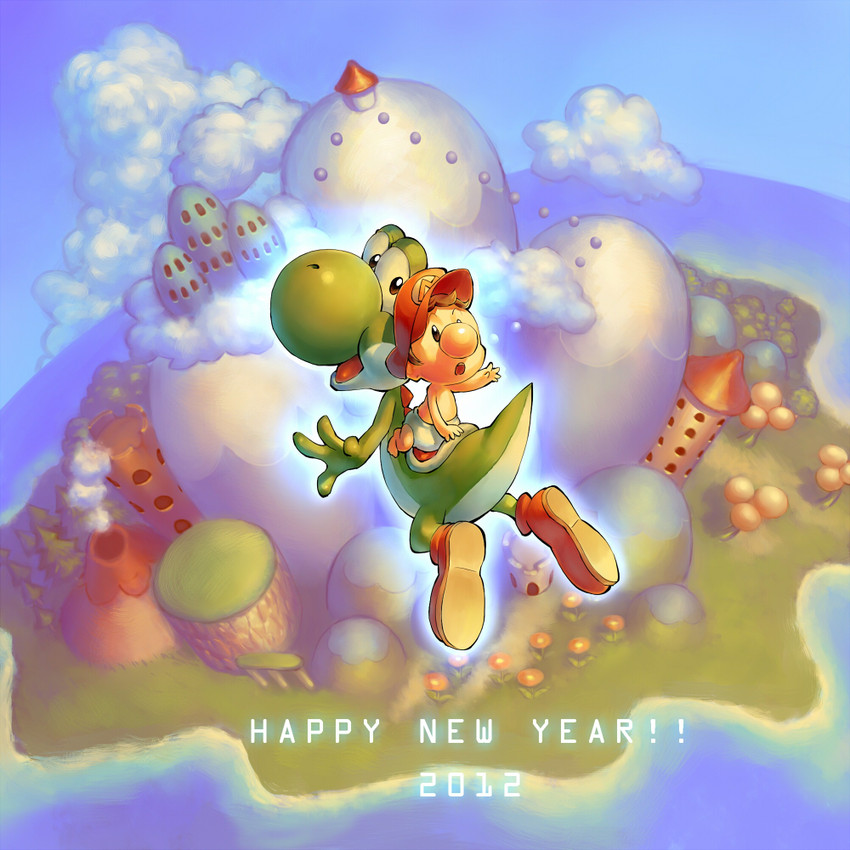 mario, yoshi, and baby mario (mario and 1 more) drawn by om_(carbohydratism)