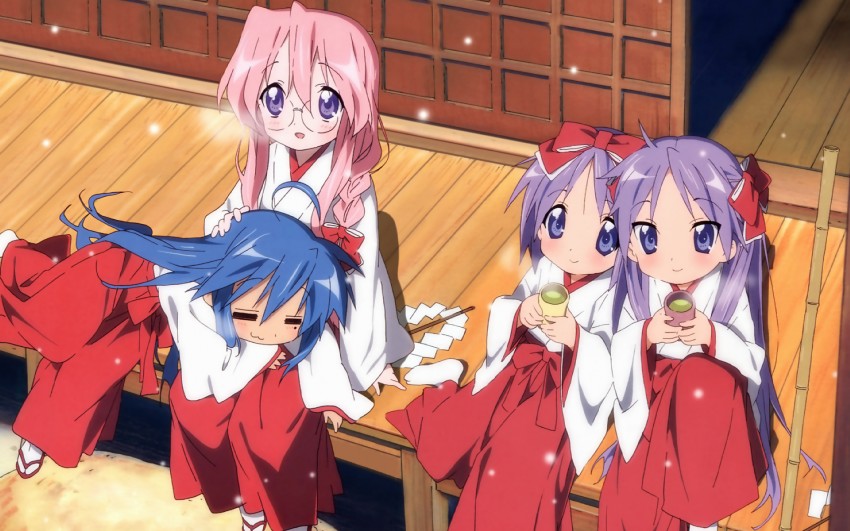 hiiragi kagami, izumi konata, hiiragi tsukasa, and takara miyuki (lucky star)