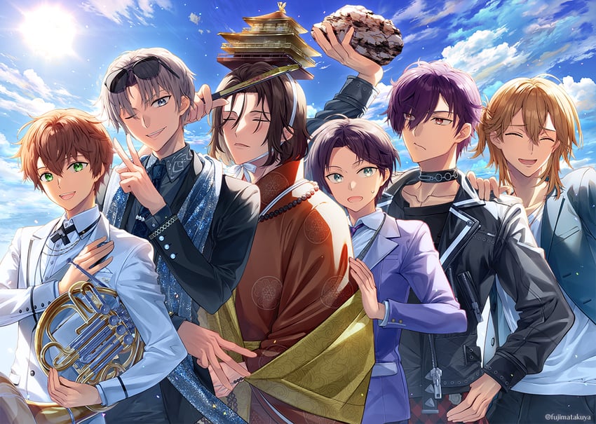 kishi ayase, kashiwaya shin, fujishiro haruto, doman akira, and chayamachi michiya (hokou danshi) drawn by fujima_takuya