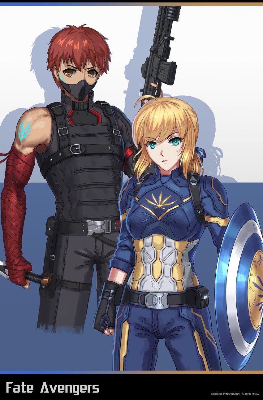 artoria pendragon, saber, emiya shirou, captain america, and winter soldier (fate and 3 more) drawn by nairobi_song