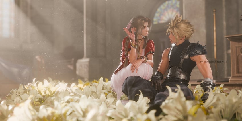 cloud strife and aerith gainsborough (final fantasy and 3 more) drawn by ria_(baka-neearts)