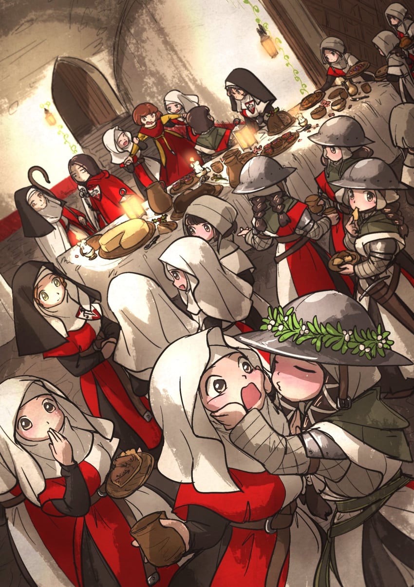 twin braids sister, single braid sister, lady johnna, flora sister, sister-at-arms, and 2 more (ordo mediare sisters) drawn by ironlily