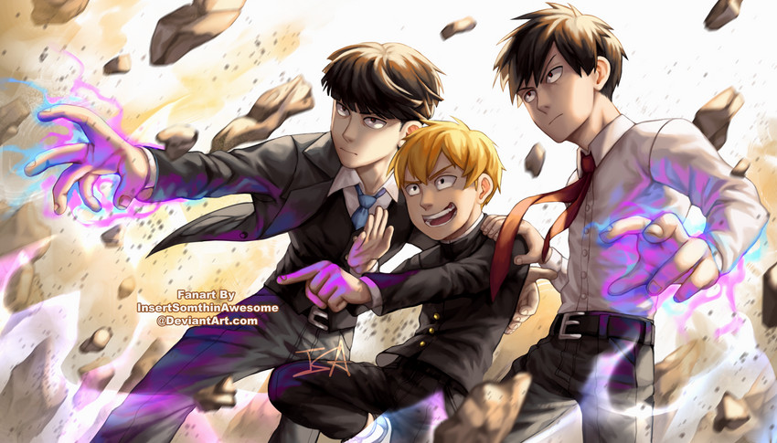 kageyama shigeo, reigen arataka, and kageyama ritsu (mob psycho 100) drawn by insertsomthinawesome