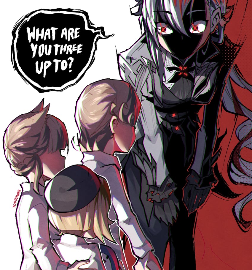arlecchino, lynette, lyney, and freminet (genshin impact and 1 more) drawn by wokiiarts