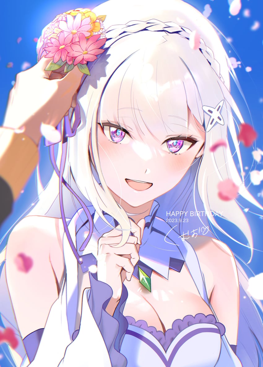 emilia and natsuki subaru (re:zero kara hajimeru isekai seikatsu) drawn by kumuo_(mirakurufusao)