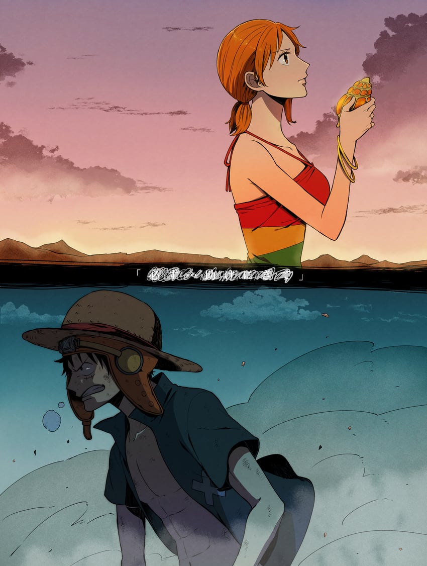 nami and monkey d. luffy (one piece and 1 more) drawn by m_(user_gjgn8588)