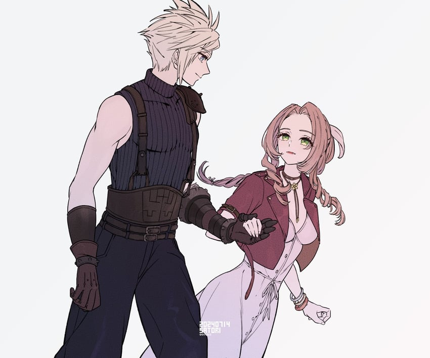 cloud strife and aerith gainsborough (final fantasy and 3 more) drawn by cha_niao_(strxscs)