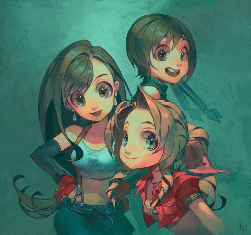 tifa lockhart, aerith gainsborough, and yuffie kisaragi (final fantasy and 1 more) drawn by yukikotsu