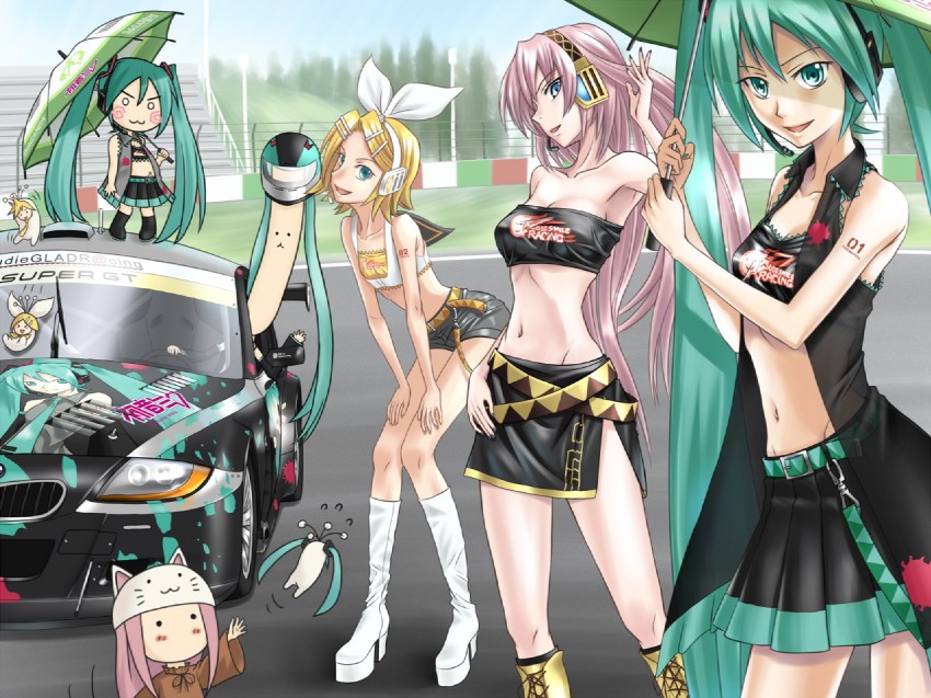 hatsune miku, kagamine rin, kagamine len, megurine luka, racing miku, and 1 more (vocaloid and 5 more) drawn by tk28