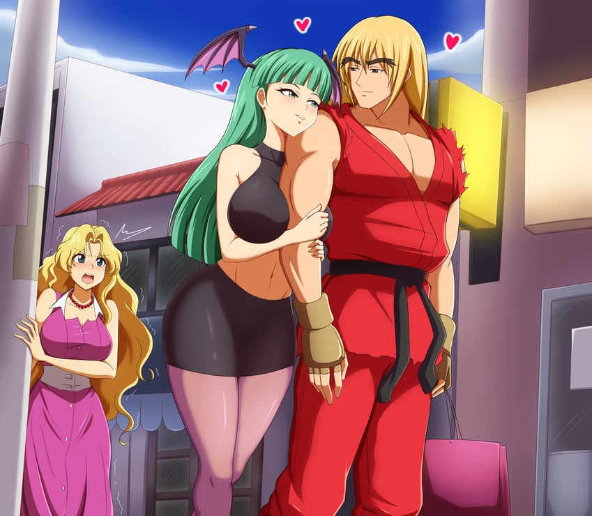 morrigan aensland, ken masters, and eliza masters (street fighter and 3 more) drawn by kmkz-art
