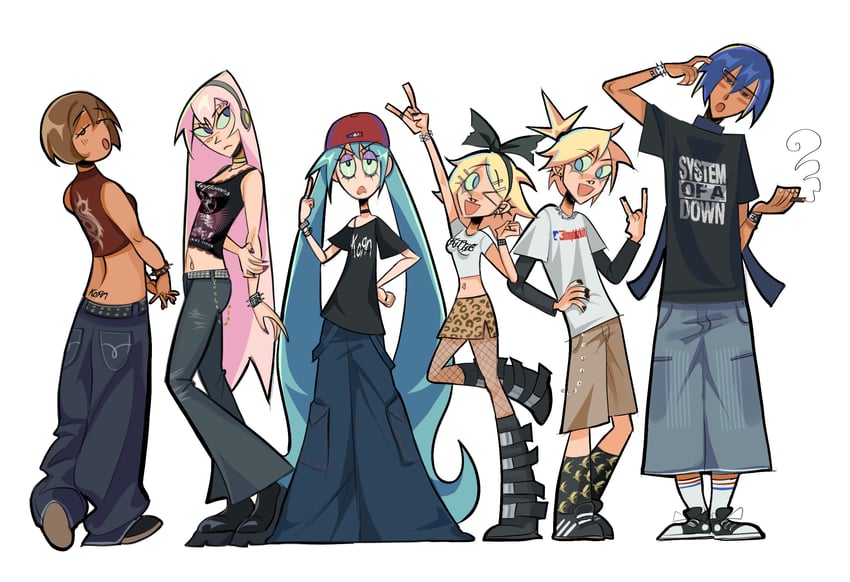 hatsune miku, kagamine rin, kagamine len, megurine luka, kaito, and 1 more (vocaloid and 6 more) drawn by tay_(exllpsz)
