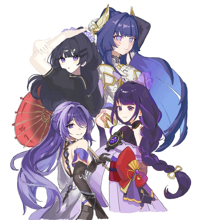 raiden shogun, acheron, raiden mei, and sawashiro miyuki (genshin impact and 5 more) drawn by done_(qz1c_), k2_(kazu1030), shirataki0, and tsuyoshi_(tuyoshi1128)